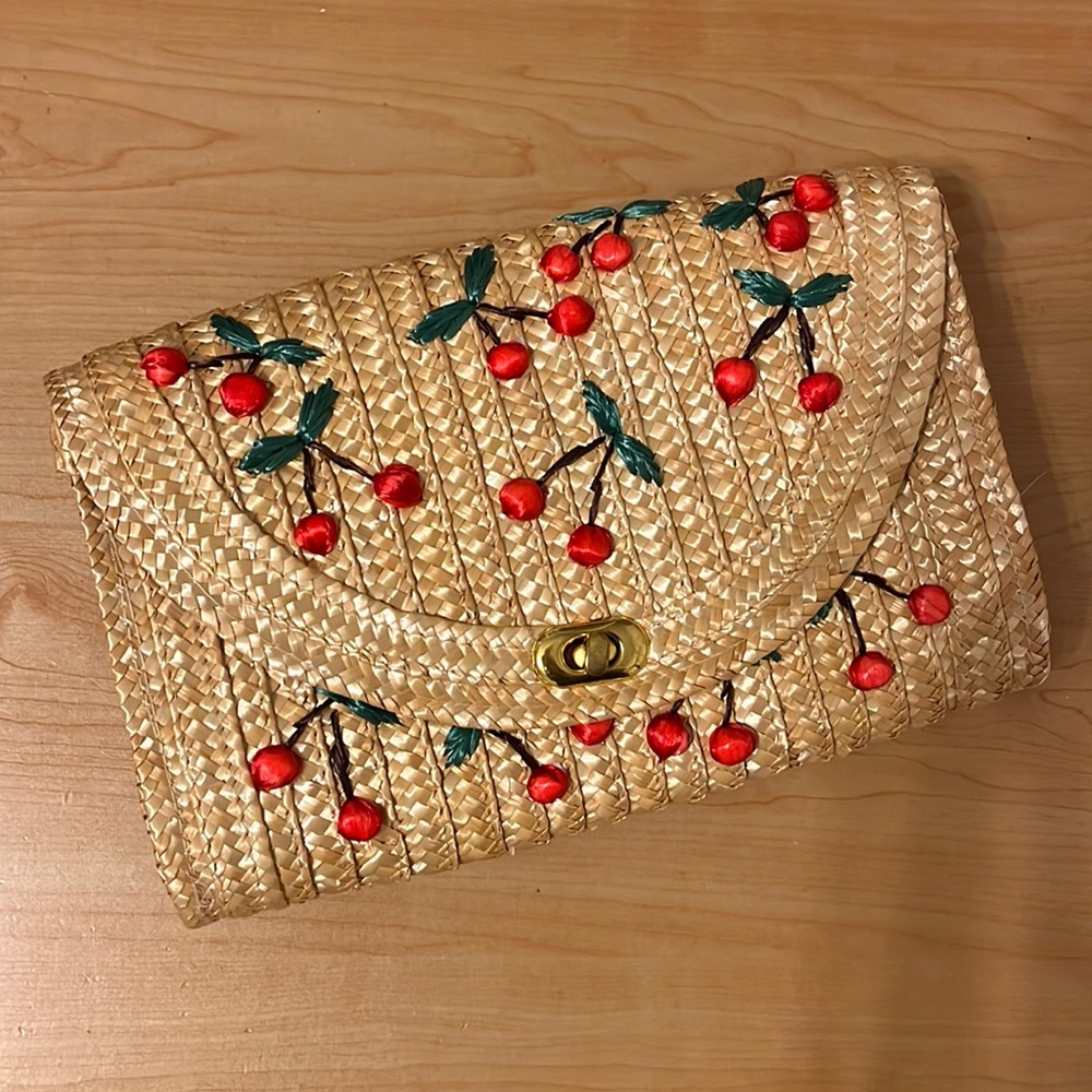 Cherry embroidered print raffia straw woven pouch